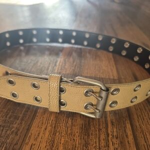 Vintage Y2K Double-Grommet Belt • Tan & Silver • Made in USA • Unisex